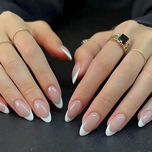 Nude Almond Press On Nails Medium Length Glossy Cat Eye Fake Nail Set 30pcs